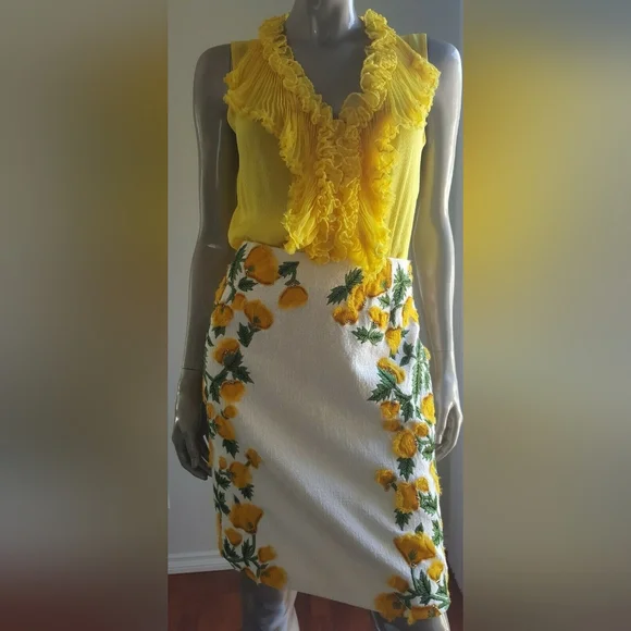 $3.600 NEW OSCAR DE LA RENTA STUNNING FLORAL SILK EMBROD RUNWAY SKIRT US 10